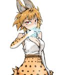  1girl animal_ears arm_at_side blonde_hair breasts claws dulldull elbow_gloves eyebrows_visible_through_hair gloves glowing glowing_hand high-waist_skirt highres kemono_friends large_breasts looking_at_viewer partially_unbuttoned red_eyes serval_(kemono_friends) serval_ears serval_print shirt simple_background skirt sleeveless sleeveless_shirt solo white_background white_shirt 