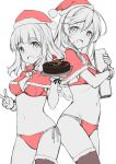  2girls bangs bikini black_legwear blunt_bangs box breasts cake capelet chocolate_cake food girls_und_panzer grey_background hat isuzu_hana long_hair looking_at_viewer medium_breasts monochrome multiple_girls open_mouth red_bikini santa_hat side-tie_bikini simple_background single_thighhigh smile spot_color swimsuit takayaki takebe_saori thigh-highs v white_background 