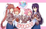  4girls :d arm_up bangs banner blazer blue_eyes blue_skirt blush bow breasts brown_hair closed_eyes closed_mouth collared_shirt commentary copyright_name cowboy_shot doki_doki_literature_club eyebrows_visible_through_hair facing_viewer fang green_eyes grey_jacket hair_bow hair_ornament happy holding holding_paintbrush jacket large_breasts leaning_forward locked_arms long_hair long_sleeves looking_at_viewer medium_breasts monika_(doki_doki_literature_club) multiple_girls natsuki_(doki_doki_literature_club) neck_ribbon official_art one_eye_closed open_blazer open_clothes open_jacket open_mouth paintbrush pink_eyes pink_hair pleated_skirt ponytail purple_hair red_bow red_neckwear red_ribbon ribbon round_teeth satchely sayori_(doki_doki_literature_club) school_uniform shirt short_hair sidelocks simple_background skirt small_breasts smile standing tareme teeth two_side_up unbuttoned v v_arms very_long_hair violet_eyes white_background white_bow white_shirt wing_collar yuri_(doki_doki_literature_club) 