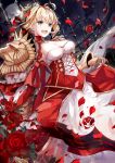  1girl :d aestus_estus ahoge amatsukiryoyu armor blonde_hair blush breasts cleavage cleavage_cutout dress dutch_angle epaulettes fate/extra fate_(series) fence flower from_below full_moon gauntlets green_eyes hair_bun hair_ribbon head_wreath heart heart_print highres holding holding_sword holding_weapon medium_breasts moon nero_claudius_(fate) nero_claudius_(fate)_(all) night night_sky open_mouth petals red_dress red_ribbon red_rose ribbon rose rose_petals saber_extra short_hair shoulder_armor sidelocks skirt_hold sky smile solo standing sword v-shaped_eyebrows weapon wind 