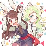  2girls animal_ears blonde_hair brown_hair bunny_tail cat_ears cat_tail commentary_request conago diana_cavendish kagari_atsuko little_witch_academia multiple_girls one_eye_closed rabbit_ears tail 