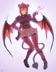  1girl ankle_boots arm_belt boots breasts closed_mouth commission demon_girl demon_tail demon_wings facial_tattoo fire full_body gloves grey_background hair_between_eyes highres horns justin_leyva_(steamy_tomato) leg_belt looking_at_viewer medium_breasts original pantyhose pigeon-toed purple_gloves purple_shirt red_legwear redhead sash shirt short_hair signature smile solo tail tattoo violet_eyes wings 