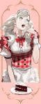  1girl apron blonde_hair blue_eyes breasts cake cherry earrings food fruit highres jewelry long_hair maid_headdress megami_tensei neck_ribbon open_mouth persona persona_5 ribbon rr_(suisse200) shin_megami_tensei solo takamaki_anne teeth tongue twintails wrist_cuffs 