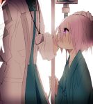  1boy 1girl child commentary_request fate/grand_order fate_(series) from_side gloves hair_between_eyes hiiragi_fuyuki intravenous_drip labcoat long_sleeves mash_kyrielight name_tag parted_lips pink_eyes pink_hair robe romani_akiman short_hair simple_background sleeves_rolled_up white_background white_gloves 