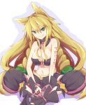  1girl alder animal_ears bare_shoulders blonde_hair breasts character_request cleavage closed_mouth collarbone eyebrows fox_ears green_eyes large_breasts looking_at_viewer majo_to_hyakkihei navel sitting smile solo thick_eyebrows 