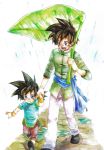  2boys :d ake_(ake54) black_hair blue_eyes brothers chinese_clothes dragon_ball dragonball_z hand_holding happy leaf looking_at_another looking_away male_focus multiple_boys open_mouth rain short_hair siblings simple_background smile son_gohan son_goten spiky_hair traditional_media walking watercolor_pencil_(medium) white_background wristband 