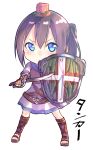  1girl alternate_costume armor blue_eyes blush boots chibi commentary_request dress fighting_stance fingerless_gloves full_body gloves hair_between_eyes hat highres holding holding_sword holding_weapon looking_at_viewer mini_hat one_side_up original purple_hair sandals scimitar shield short_dress short_hair short_sleeves simple_background solo standing suzunari_shizuku sword tower_of_saviors v-shaped_eyebrows weapon white_background yuki_arare 