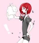  ! androgynous black_neckwear black_shorts cojimama dated gem_uniform_(houseki_no_kuni) hand_on_hip houseki_no_kuni long_hair mercury necktie pink_background red_eyes redhead shinsha_(houseki_no_kuni) shiro_(houseki_no_kuni) shirt short_hair short_sleeves shorts signature white_shirt 