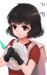  1girl backpack bag black_gloves black_hair dokomon eyebrows_visible_through_hair gloves hat hat_feather hat_removed headwear_removed kaban_(kemono_friends) kemono_friends looking_away red_shirt shirt short_hair simple_background solo t-shirt upper_body violet_eyes white_background white_hat 