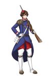  1boy antique_firearm armor belt blue_eyes bolt_action boots brown_hair buttons chassepot_(senjuushi) firearm full_body gloves gun hand_on_hip hat holding holding_gun holding_weapon kinoshita_sakura male_focus medal military military_hat military_uniform official_art over_shoulder rifle senjuushi:_the_thousand_noble_musketeers short_hair shoulder_armor solo tachi-e thigh-highs thigh_boots transparent_background uniform weapon weapon_over_shoulder white_footwear white_gloves 