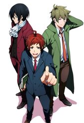  3boys black_hair blue_suit brown_hair cosplay cravat formal gyakuten_saiban idolmaster idolmaster_side-m itonokogiri_keisuke itonokogiri_keisuke_(cosplay) kashiwagi_tsubasa looking_at_viewer mitsurugi_reiji mitsurugi_reiji_(cosplay) multiple_boys naruhodou_ryuuichi naruhodou_ryuuichi_(cosplay) necktie pointing pointing_at_viewer red_neckwear redhead sakuraba_kaoru simple_background suit tendou_teru trench_coat white_background 