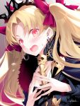  1girl artist_name bangs blonde_hair blush bow ereshkigal_(fate/grand_order) eyebrows_visible_through_hair fate/grand_order fate_(series) fur_trim hair_bow hands_up kousaki_rui long_hair looking_at_viewer open_mouth own_hands_together purple_bow red_eyes signature skull solo sweatdrop tiara tohsaka_rin two_side_up 