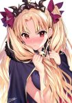  1girl artist_name black_cape blonde_hair blurry blush cape closed_mouth depth_of_field detached_collar detached_sleeves earrings embarrassed ereshkigal_(fate/grand_order) eyebrows_visible_through_hair fate/grand_order fate_(series) fur_trim glint hair_ribbon jewelry long_hair long_sleeves looking_at_viewer matarou_(genkai_toppa) nose_blush purple_ribbon red_eyes ribbon signature simple_background single_sleeve skull solo tiara tohsaka_rin two_side_up upper_body v-shaped_eyebrows white_background 