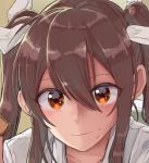  1girl absurdres blush bow brown_eyes brown_hair close-up closed_mouth commentary_request embarrassed eyebrows_visible_through_hair eyes face food food_on_face hair_between_eyes hair_bow highres holding holding_food kantai_collection long_hair looking_at_viewer shirt solo tone_(kantai_collection) twintails white_bow white_shirt yami_(m31) 