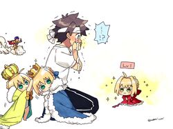  !? ... 2boys 3girls aestus_estus ahoge aqua_eyes artoria_pendragon_(all) artoria_pendragon_(swimsuit_archer) black_hair blonde_hair blue_eyes blush braid caligula_(fate/grand_order) cape chibi crown crying crying_with_eyes_open dress fate/extra fate/grand_order fate/stay_night fate_(series) fujimaru_ritsuka_(male) green_eyes gym_uniform headband kneeling multiple_boys multiple_girls nabenko nero_claudius_(fate) nero_claudius_(fate)_(all) one-piece_swimsuit purple_hair red_dress running saber smile spoken_ellipsis swimsuit tears trembling 