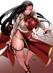  1girl artist_name black_hair black_lagoon bowalia breasts brown_eyes china_dress chinese_clothes covered_navel dress gradient gradient_background kunai large_breasts legs lips lipstick long_hair makeup nail_polish raised_eyebrow red_background shenhua signature solo sword thick_thighs thighs weapon white_background 