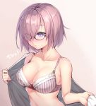  1girl bare_arms bare_shoulders beige_background black-framed_eyewear blush bow bow_bra bra breasts bright_pupils cleavage closed_mouth collarbone eyeshadow fate/grand_order fate_(series) frilled_bra frills glasses gradient gradient_background hair_over_one_eye looking_away looking_down makeup mash_kyrielight medium_breasts nose_blush nullken open_clothes open_shirt pink_bra pink_hair red_bow shirt short_hair solo striped translation_request underwear upper_body vertical-striped_bra vertical_stripes violet_eyes white_shirt 