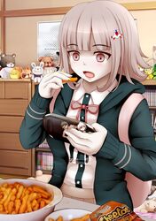 1girl 2boys cheetos dangan_ronpa eating hair_ornament handheld_game_console hinata_hajime komaeda_nagito multiple_boys nanami_chiaki open_mouth playing_games super_dangan_ronpa_2