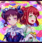  &gt;:) 2girls :d awaken_the_power bangs blush breasts brooch detached_sleeves diamond_earrings frills fur_collar fur_trim gloves green_eyes hair_ornament hand_holding jewelry jyon kazuno_leah kurosawa_ruby letterboxed love_live! love_live!_sunshine!! multiple_girls open_mouth pink_eyes purple_hair redhead small_breasts smile stained_glass star star_hair_ornament tiara twintails two_side_up unitard upper_body yellow_neckwear 