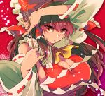  1girl ascot bow breasts brown_eyes brown_hair cleavage cleavage_cutout commentary_request detached_sleeves gohei hair_bow hair_tubes hakurei_reimu huge_breasts looking_at_viewer red_background red_bow ribbon-trimmed_sleeves ribbon_trim shide sideboob touhou wide_sleeves yukataro 