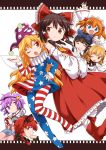  6+girls american_flag_dress american_flag_legwear animal_ears arm_up back-to-back black_hair blonde_hair blue_eyes blue_shirt boots bow braid brown_eyes brown_hair cat_ears closed_eyes clownpiece crossed_arms curly_hair detached_sleeves dress fairy_wings fang hair_bow hairband hakurei_reimu hand_on_hip hand_to_own_mouth harusame_(unmei_no_ikasumi) hat jester_cap kaenbyou_rin komeiji_satori long_hair luna_child multiple_girls neck_ruff one_eye_closed open_mouth pantyhose pink_skirt purple_hair red_eyes red_footwear red_shirt red_skirt redhead ribbon shirt short_hair skirt smile star_sapphire sunny_milk third_eye touhou twin_braids twintails violet_eyes waving white_dress wings 