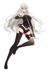  1girl android blue_eyes elbow_gloves full_body gloves highres holding holding_weapon katana long_hair miyaomi mole mole_under_mouth nier_(series) nier_automata robot_joints silver_hair solo sword transparent_background weapon yorha_type_a_no._2 