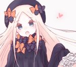  1girl :o abigail_williams_(fate/grand_order) bangs black_bow black_dress black_hat blonde_hair blue_eyes blush bow dress eyebrows_visible_through_hair fate/grand_order fate_(series) hair_bow hands_in_sleeves hat head_tilt heart long_sleeves looking_at_viewer open_mouth orange_bow parted_bangs pink_background polka_dot polka_dot_bow ruten_(onakasukusuku) simple_background solo 