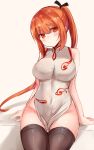  1girl black_legwear blush breasts china_dress chinese_clothes chiune_(yachi) covered_navel dress groin head_tilt highres hips large_breasts long_ponytail looking_at_viewer no_panties orange_eyes orange_hair original sitting sketch solo thigh-highs thighs white_background 