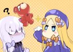 +_+ 2girls ? abigail_williams_(fate/grand_order) bangs blonde_hair blue_eyes blush bow chibi constricted_pupils dos_(james30226) dress fate/grand_order fate_(series) hair_bow hands_in_sleeves hat horn impaled jpeg_artifacts lavinia_whateley_(fate/grand_order) long_hair multiple_girls no_mouth no_nose nose_blush orange_background orange_bow polka_dot polka_dot_background polka_dot_bow silver_hair sparkle stuffed_animal stuffed_toy tears teddy_bear very_long_hair violet_eyes 