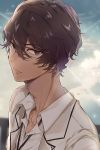  1boy arjuna_(fate/grand_order) blue_sky blurry blurry_background brown_eyes brown_hair closed_mouth collared_shirt commentary_request day depth_of_field eyebrows_visible_through_hair fate/grand_order fate_(series) glasses hair_between_eyes highres nanakagura shirt sky slit_pupils smile solo white_shirt wing_collar 