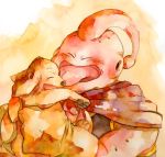  1boy ake_(ake54) animal bee_(dragon_ball) closed_eyes dog dragon_ball dragonball_z gloves happy majin_buu male_focus open_mouth smile tongue tongue_out traditional_media watercolor_(medium) 