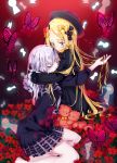  2girls abigail_williams_(fate/grand_order) animal bangs barefoot black_bow black_dress black_eyes black_hat blonde_hair blue_eyes bow butterfly closed_mouth commentary_request crying crying_with_eyes_open dress fate/grand_order fate_(series) field flower flower_field hair_bow hands_in_sleeves hat hug keyhole lavinia_whateley_(fate/grand_order) long_hair long_sleeves looking_at_viewer multiple_girls orange_bow oriharaizaya819 parted_bangs polka_dot polka_dot_bow red_flower sitting smile stuffed_animal stuffed_toy tears teddy_bear very_long_hair wide-eyed yokozuwari 