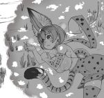  1girl absurdres animal_ears bare_shoulders blush breasts collarbone day elbow_gloves eyebrows eyebrows_visible_through_hair gloves grass greyscale hand_on_own_arm hands_up high-waist_skirt highres kemono_friends lips looking_afar lying megapai monochrome on_ground on_side outdoors parted_lips print_gloves print_skirt scarf serval_(kemono_friends) serval_ears serval_print serval_tail shirt short_hair skirt sleeveless sleeveless_shirt solo striped_tail sweat tail thigh-highs tree_shade zettai_ryouiki 