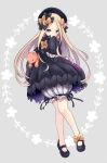  1girl abigail_williams_(fate/grand_order) bangs black_bow black_dress black_footwear black_hat blonde_hair bloomers blue_eyes blush bow butterfly closed_mouth commentary_request dress fate/grand_order fate_(series) full_body grey_background hair_bow hands_in_sleeves hat long_sleeves looking_at_viewer mary_janes mikanmochi object_hug orange_bow parted_bangs polka_dot polka_dot_bow shoes smile solo stuffed_animal stuffed_toy teddy_bear underwear white_bloomers 