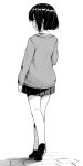 1girl bob_cut cardigan collared_shirt commentary_request from_behind full_body greyscale highres long_sleeves monochrome original pleated_skirt profile school_uniform shirt shoes short_hair skirt solo standing walking yuki_arare 