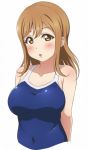  1girl bangs bare_shoulders blush breasts brown_hair competition_swimsuit covered_navel eyebrows_visible_through_hair kunikida_hanamaru long_hair looking_at_viewer love_live! love_live!_sunshine!! medium_breasts one-piece_swimsuit open_mouth orange_eyes solo surprised swimsuit turkey_min upper_body white_background 