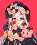  1girl abigail_williams_(fate/grand_order) bangs black_bow black_dress black_hat blonde_hair blood blood_on_face blue_eyes bow closed_mouth dress eyebrows_visible_through_hair fate/grand_order fate_(series) hair_bow hands_in_sleeves hat long_sleeves looking_at_viewer object_hug orange_bow parted_bangs polka_dot polka_dot_bow solo stuffed_animal stuffed_toy teddy_bear 