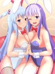  2girls ;d animal_ears arukari asymmetrical_docking blue_hair bow bowtie breast_press breasts bunny_girl bunnysuit commentary_request detached_collar erina_(rabi-ribi) fishnets hair_bobbles hair_ornament hand_holding interlocked_fingers large_breasts long_hair looking_at_viewer multiple_girls noah_(rabi_ribi) one_eye_closed open_mouth purple_hair rabbit_ears rabi-ribi single_thighhigh smile sparkle thigh-highs two_side_up very_long_hair violet_eyes white_legwear wrist_cuffs 