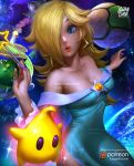  1girl blonde_hair blue_eyes chiko_(mario) crown dress earrings galaxy hair_over_one_eye highres jewelry logan_cure long_hair super_mario_bros. nintendo planet rosetta_(mario) smile space star star_earrings super_mario_galaxy very_long_hair wand 