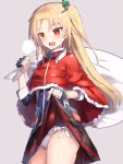  1girl :d azur_lane bangs black_gloves blonde_hair blush breath cleveland_(azur_lane) cowboy_shot dress dress_lift eyebrows_visible_through_hair fang fingerless_gloves gloves grey_background heavy_breathing highres lifted_by_self long_hair one_side_up open_mouth panties red_eyes santa_costume simple_background smile solo standing sweatdrop underwear white_panties xenonstriker 