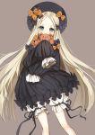  1girl abigail_williams_(fate/grand_order) bangs black_bow black_dress black_hat blonde_hair bloomers blue_eyes blush bow brown_background butterfly commentary_request covered_mouth dress eyebrows_visible_through_hair fate/grand_order fate_(series) hair_bow hands_in_sleeves hat head_tilt highres long_hair long_sleeves looking_at_viewer mullpull object_hug orange_bow parted_bangs polka_dot polka_dot_bow signature simple_background solo stuffed_animal stuffed_toy teddy_bear underwear very_long_hair white_bloomers 