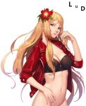  1girl artist_name bangs blonde_hair breasts character_request cleavage commentary_request dungeon_and_fighter eyebrows_visible_through_hair flower groin hair_flower hair_ornament jacket long_hair looking_at_viewer lud navel parted_lips red_eyes red_jacket simple_background solo stomach very_long_hair white_background 