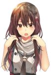  1girl :o alternate_hair_length alternate_hairstyle black_neckwear blush brown_hair dress grey_sailor_collar hair_between_eyes hair_grab hair_ornament kantai_collection long_hair looking_at_viewer low_twintails neckerchief open_mouth rinto_(rint_rnt) sailor_collar sailor_dress sendai_(kantai_collection) simple_background solo tassel twintails upper_body white_background 