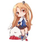  1girl ame. arm_support azur_lane bangs black_gloves black_skirt blue_legwear blue_shirt blush_stickers brown_eyes capelet chibi cleveland_(azur_lane) commentary_request eyebrows_visible_through_hair fingerless_gloves full_body gloves grin hair_between_eyes head_tilt holding kneehighs light_brown_hair long_hair long_sleeves looking_at_viewer one_side_up pleated_skirt print_legwear ruby_(stone) sack shirt shoes simple_background skirt smile solo standing standing_on_one_leg star star_print torn_sack very_long_hair white_background white_capelet white_footwear 