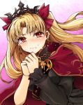  1girl bangs blonde_hair blush cape closed_mouth crying crying_with_eyes_open earrings ereshkigal_(fate/grand_order) fate/grand_order fate_(series) frown gradient gradient_background hair_ribbon highres jewelry leaning_forward long_hair long_sleeves nappa_(mukudoku6996) nose_blush own_hands_together parted_bangs pink_background red_cape red_eyes red_ribbon ribbon single_sleeve skull solo sparkle tareme tears tiara tohsaka_rin two_side_up upper_body 