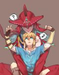  2boys blonde_hair blue_eyes fins fishman hair_ornament jewelry link male_focus monster_boy multiple_boys muscle pointy_ears ponytail sharp_teeth sidon smile teeth the_legend_of_zelda the_legend_of_zelda:_breath_of_the_wild yellow_eyes zora 