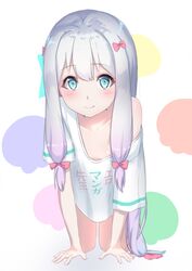  1girl all_fours aqua_eyes arm_support bangs bare_legs barefoot bow breasts clothes_writing collarbone eromanga_sensei eyebrows_visible_through_hair foreshortening full_body gradient_hair hair_bow izumi_sagiri long_hair looking_at_viewer low-tied_long_hair mkt multicolored multicolored_background multicolored_hair naked_shirt no_pants off_shoulder pink_bow pink_hair shiny shiny_hair shirt short_sleeves silver_hair single_bare_shoulder small_breasts solo t-shirt tareme very_long_hair white_shirt 