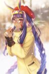  1girl :o alternate_hairstyle amakura_(am_as) animal_ears bangs beret bespectacled blunt_bangs blurry blurry_background braid breath can casual coat dark_skin eyebrows_visible_through_hair eyeshadow facepaint fate/grand_order fate_(series) glasses hair_tubes hairband hat highres holding long_hair long_sleeves makeup nail_polish nitocris_(fate/grand_order) open_mouth purple_hair rabbit_ears red-framed_eyewear red_hat red_nails sidelocks sleeves_past_wrists snowing soda_can solo tsurime twin_braids two-tone_hairband upper_body very_long_hair violet_eyes winter winter_clothes winter_coat yellow_coat 