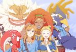  bird blonde_hair daruk fins fish_girl gerudo goron green_eyes link long_hair looking_at_viewer mipha monster_boy monster_girl multicolored multicolored_skin no_eyebrows pointy_ears princess_zelda red_skin revali saiba_(henrietta) sky smile the_legend_of_zelda the_legend_of_zelda:_breath_of_the_wild thick_eyebrows urbosa zora 