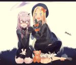  2girls :d abigail_williams_(fate/grand_order) bags_under_eyes bangs black_bow black_dress black_footwear black_hat blonde_hair bloomers blue_eyes bow butterfly commentary_request dress fate/grand_order fate_(series) hair_bow hands_in_sleeves hat kneeling kokutan_kiseru lavinia_whateley_(fate/grand_order) long_hair long_sleeves looking_at_another looking_at_viewer looking_to_the_side multiple_girls open_mouth orange_bow parted_bangs pink_eyes polka_dot polka_dot_bow seiza shoes signature silver_hair sitting smile stuffed_animal stuffed_toy tears teddy_bear underwear very_long_hair white_bloomers wide-eyed 